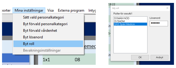 Byta roll i Melior när du är inloggad. Klicka på Mina Inställningar" när du inte har en patient uppe och välj "Byt roll"