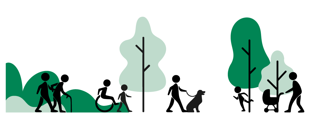 Illustration. Person i rullstol, person med ledarhund, barn och äldre personer.